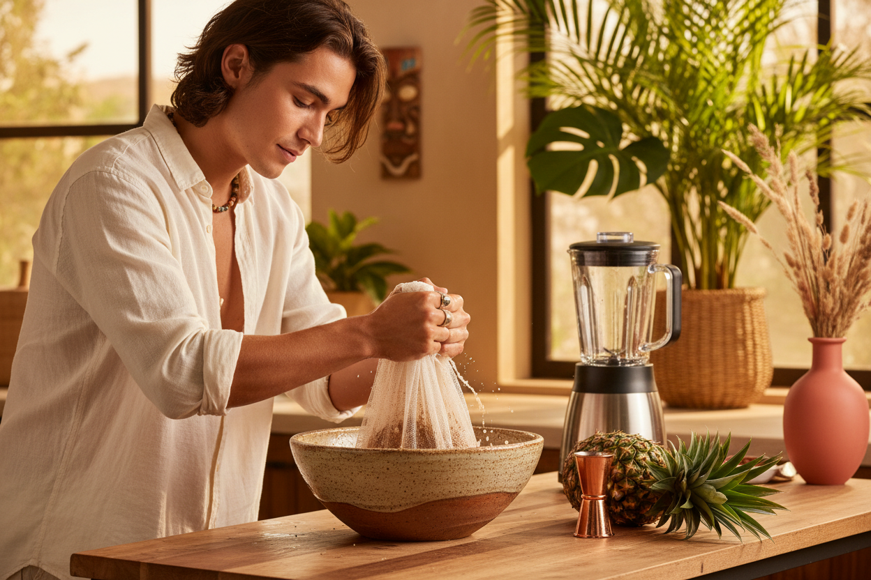 Gen Z mixing a bowl of kava with a strainer bag, pineapple, blender and tropical decor
