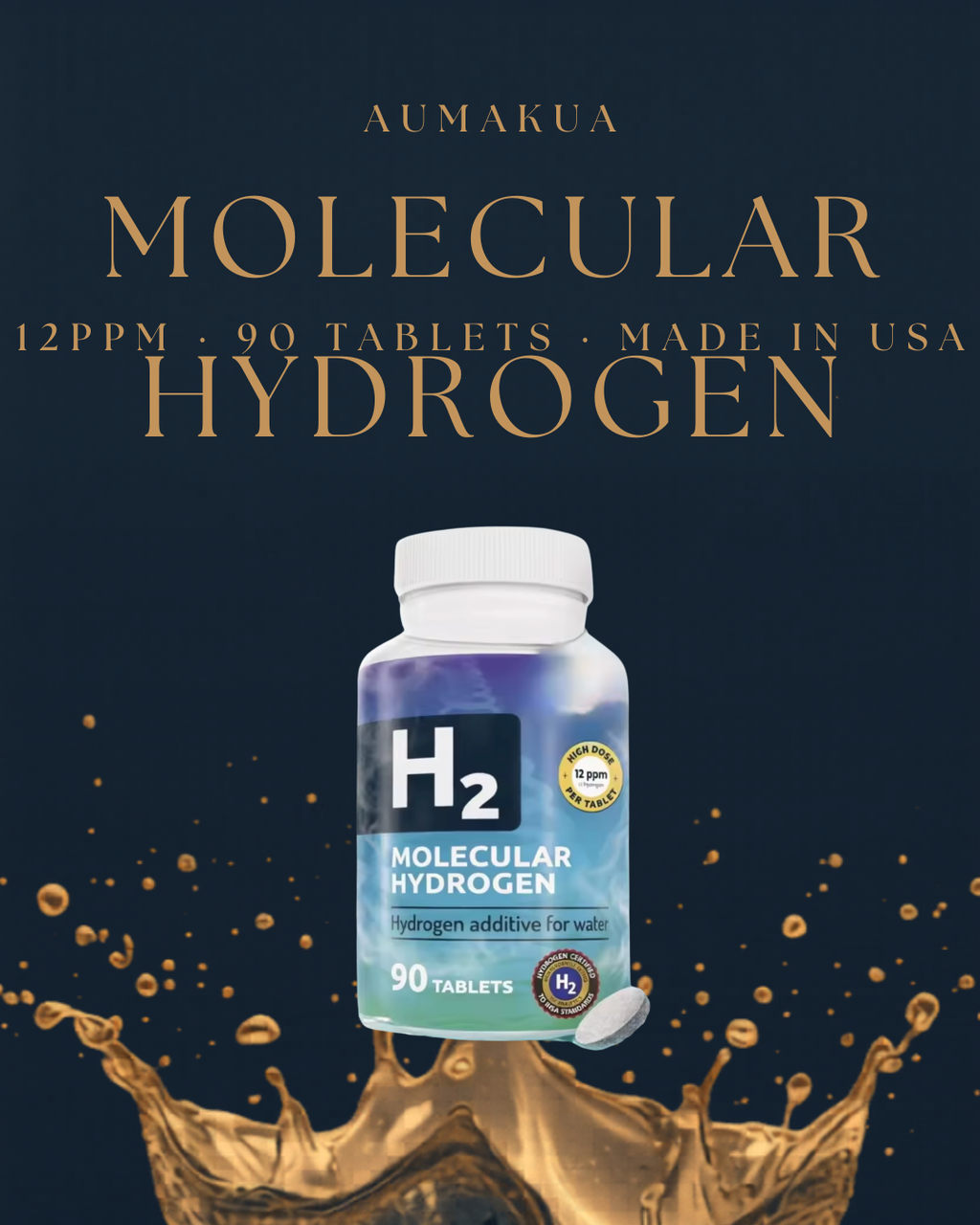 Molecular Hydrogen H2 Gold Splash Product Shot