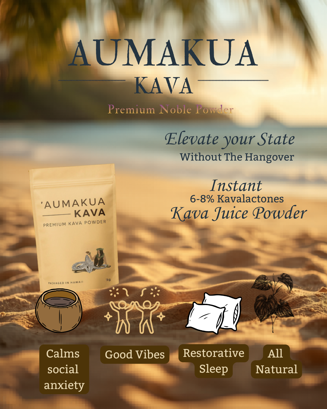 Aumakua Instant Kava Powder lifestyle on Maui beach