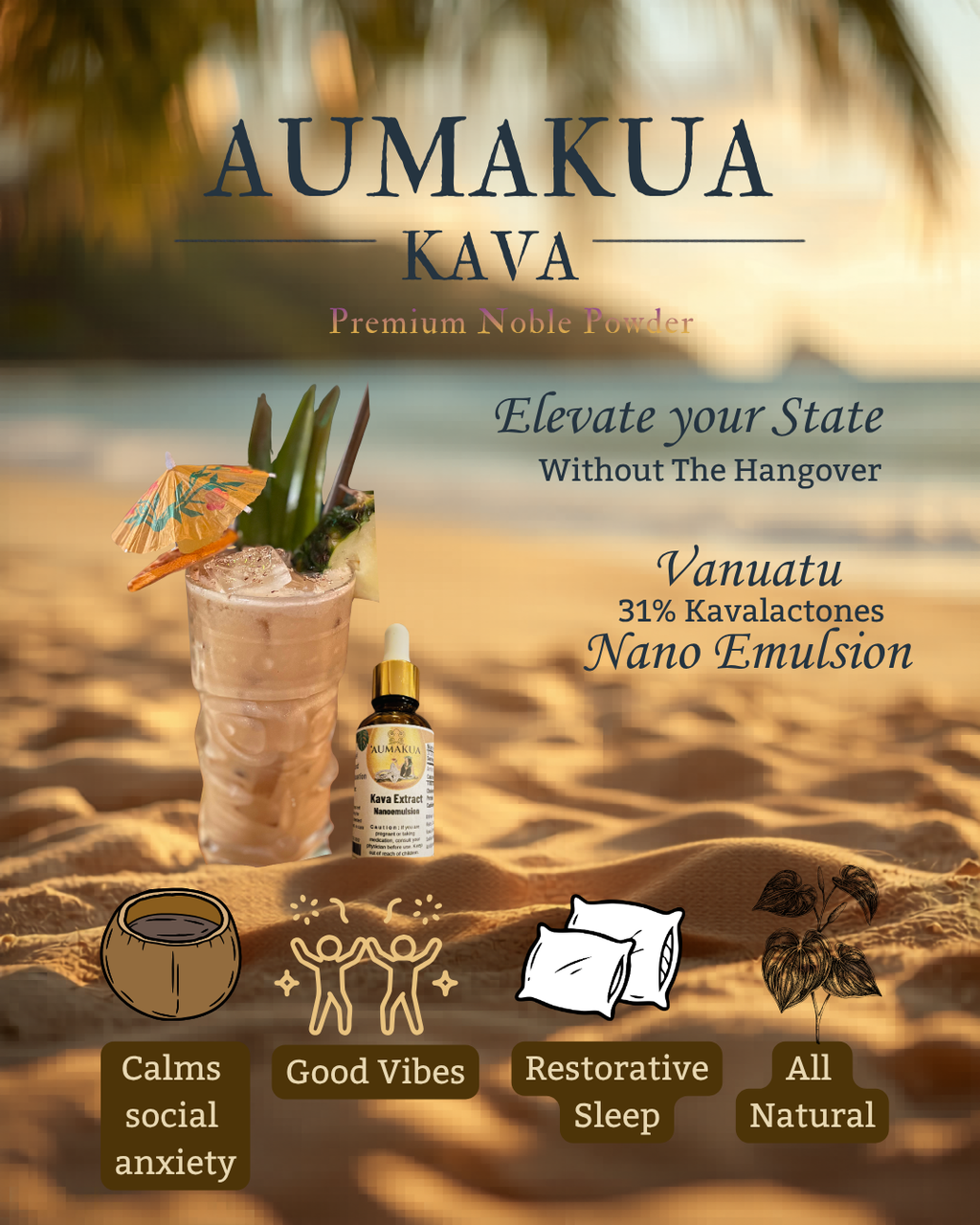 Aumakua Nanoemulsion Kava lifestyle on Maui beach with benefits